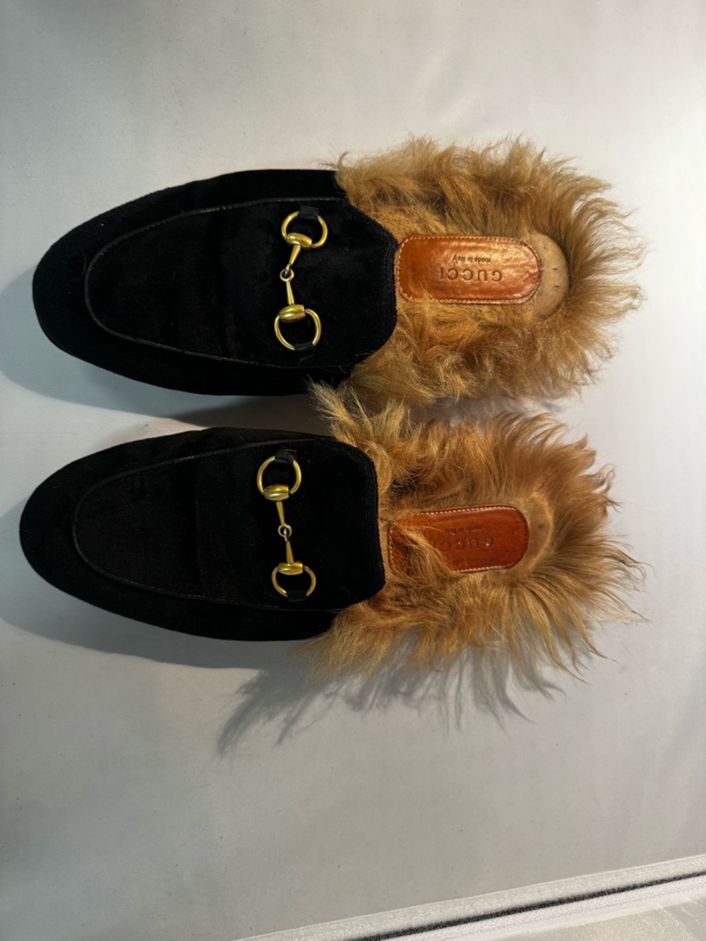 Gucci Princeton Mules Black Suede with Tan Fur and Horsebit - Picture 1 of 7